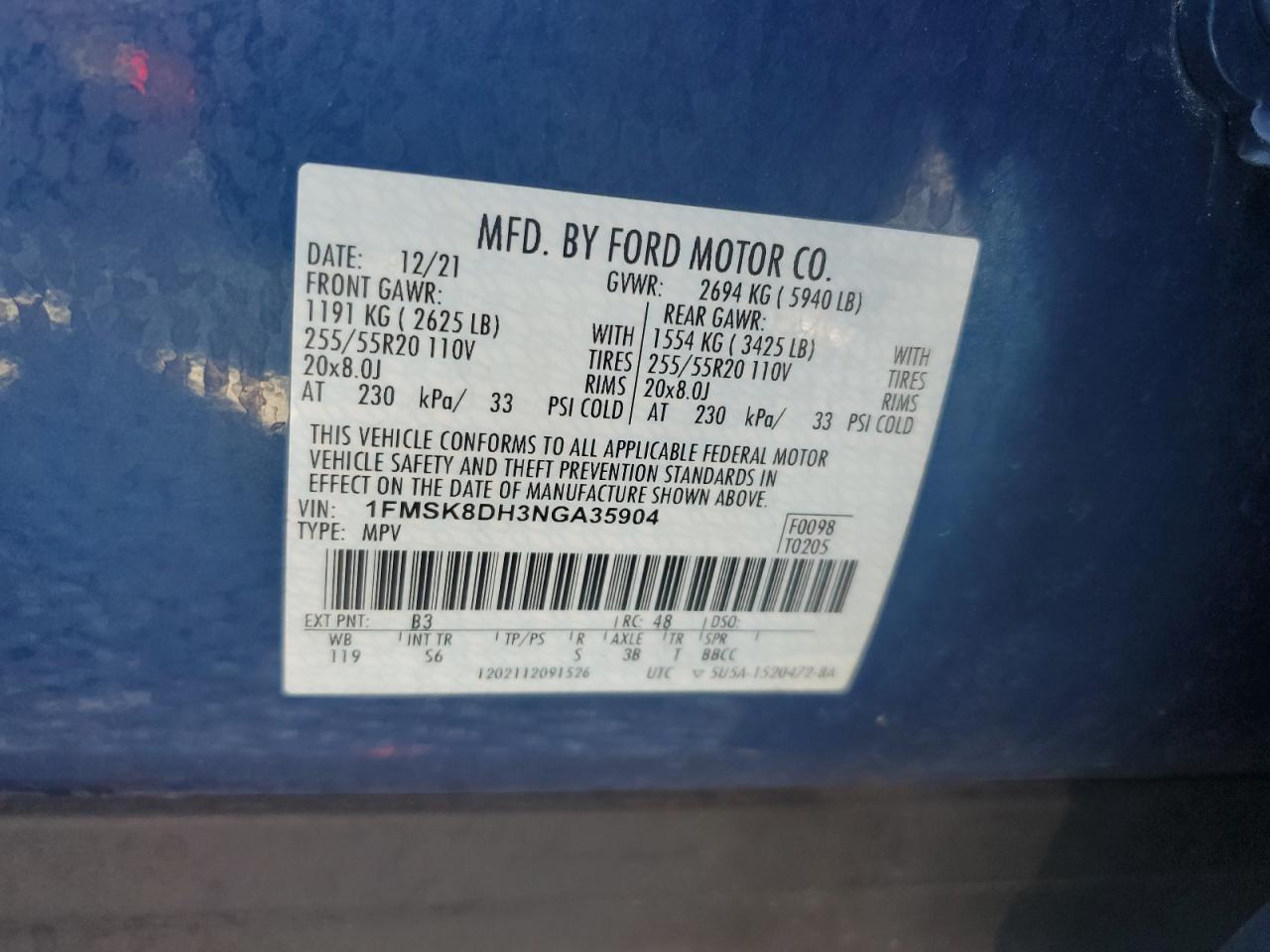 2022 Ford Explorer Xlt VIN: 1FMSK8DH3NGA35904 Lot: 63884474