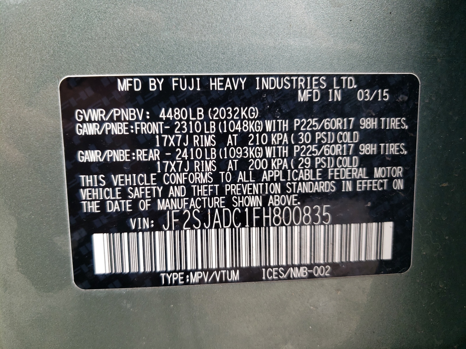 JF2SJADC1FH800835 2015 Subaru Forester 2.5I Premium