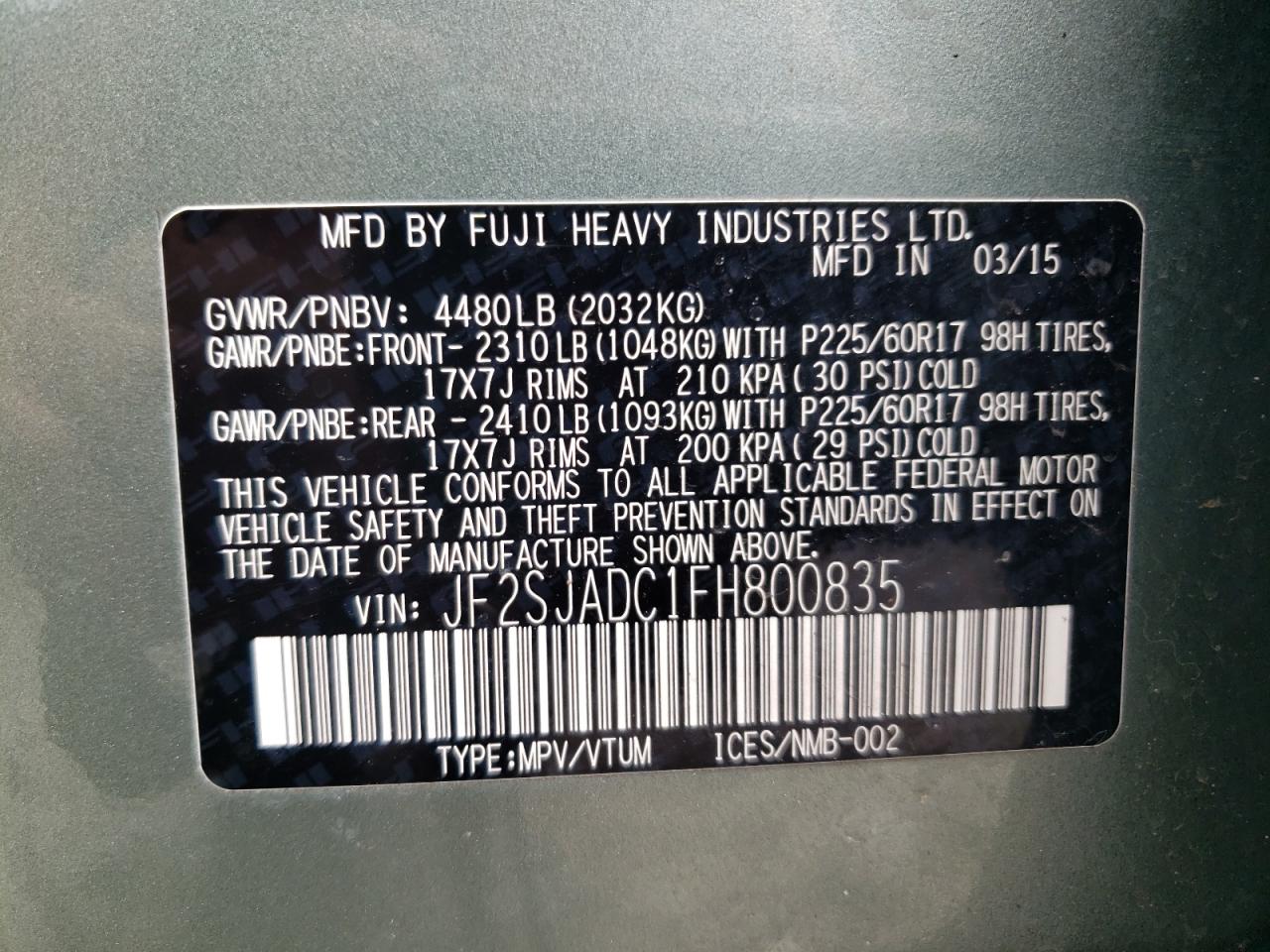 2015 Subaru Forester 2.5I Premium VIN: JF2SJADC1FH800835 Lot: 65043654