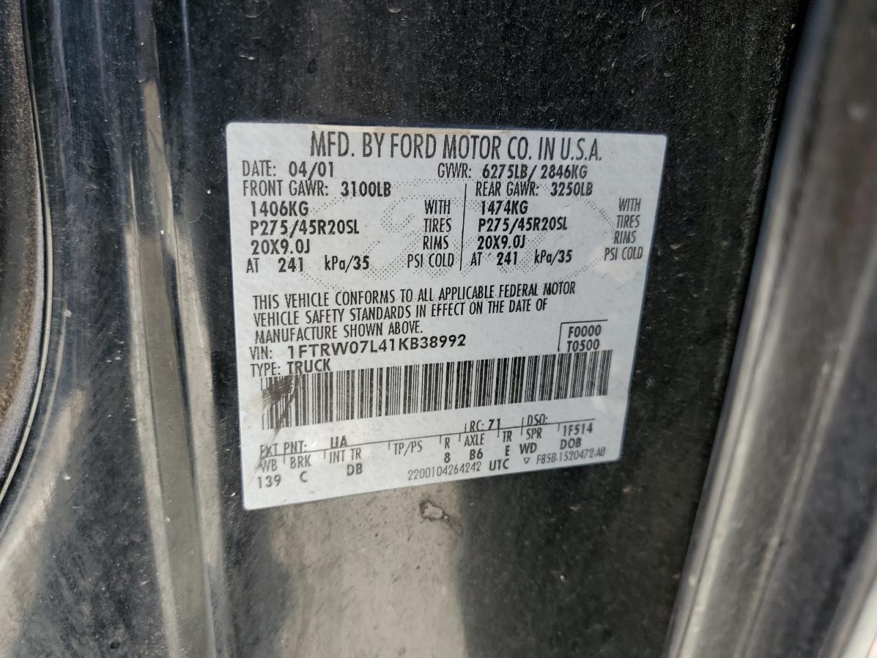 2001 Ford F150 Supercrew VIN: 1FTRW07L41KB38992 Lot: 64982804