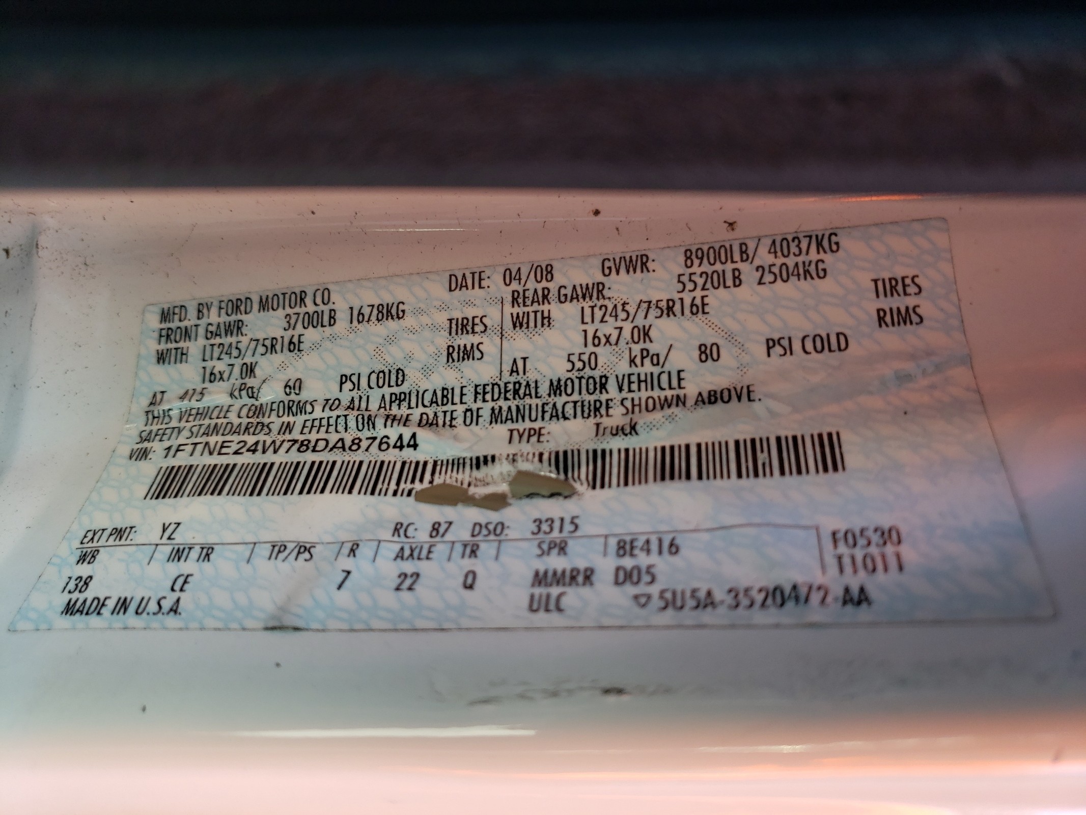 1FTNE24W78DA87644 2008 Ford Econoline E250 Van