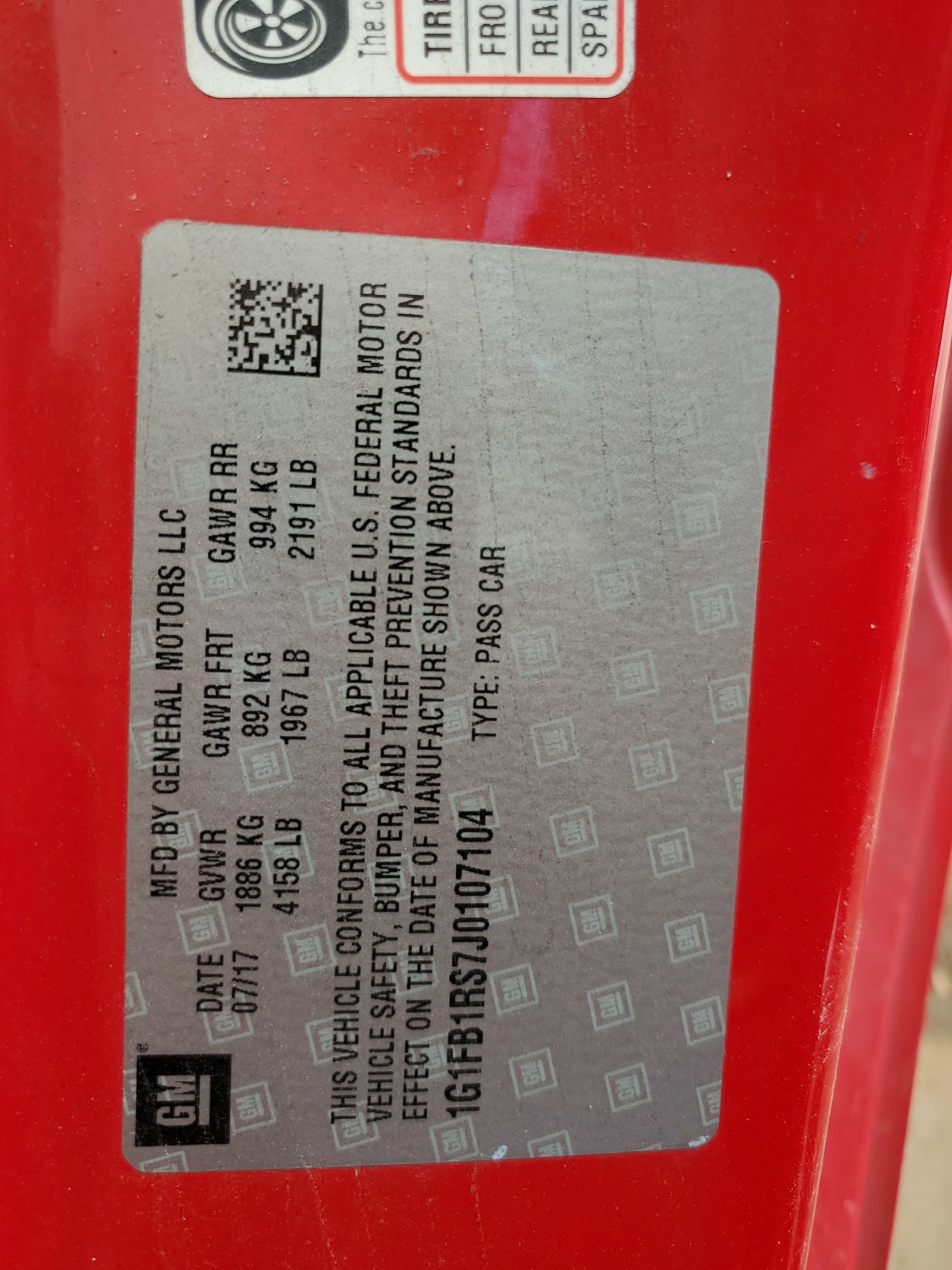 1G1FB1RS7J0107104 2018 Chevrolet Camaro Lt