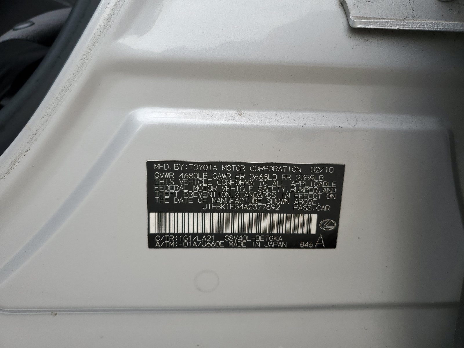 JTHBK1EG4A2377692 2010 Lexus Es 350