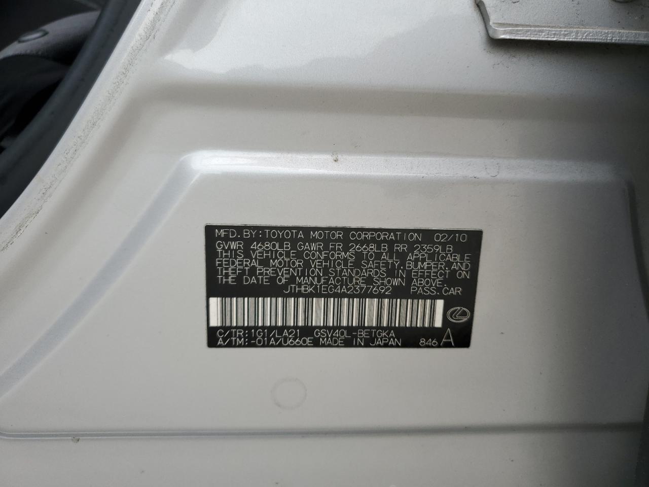 2010 Lexus Es 350 VIN: JTHBK1EG4A2377692 Lot: 63821874