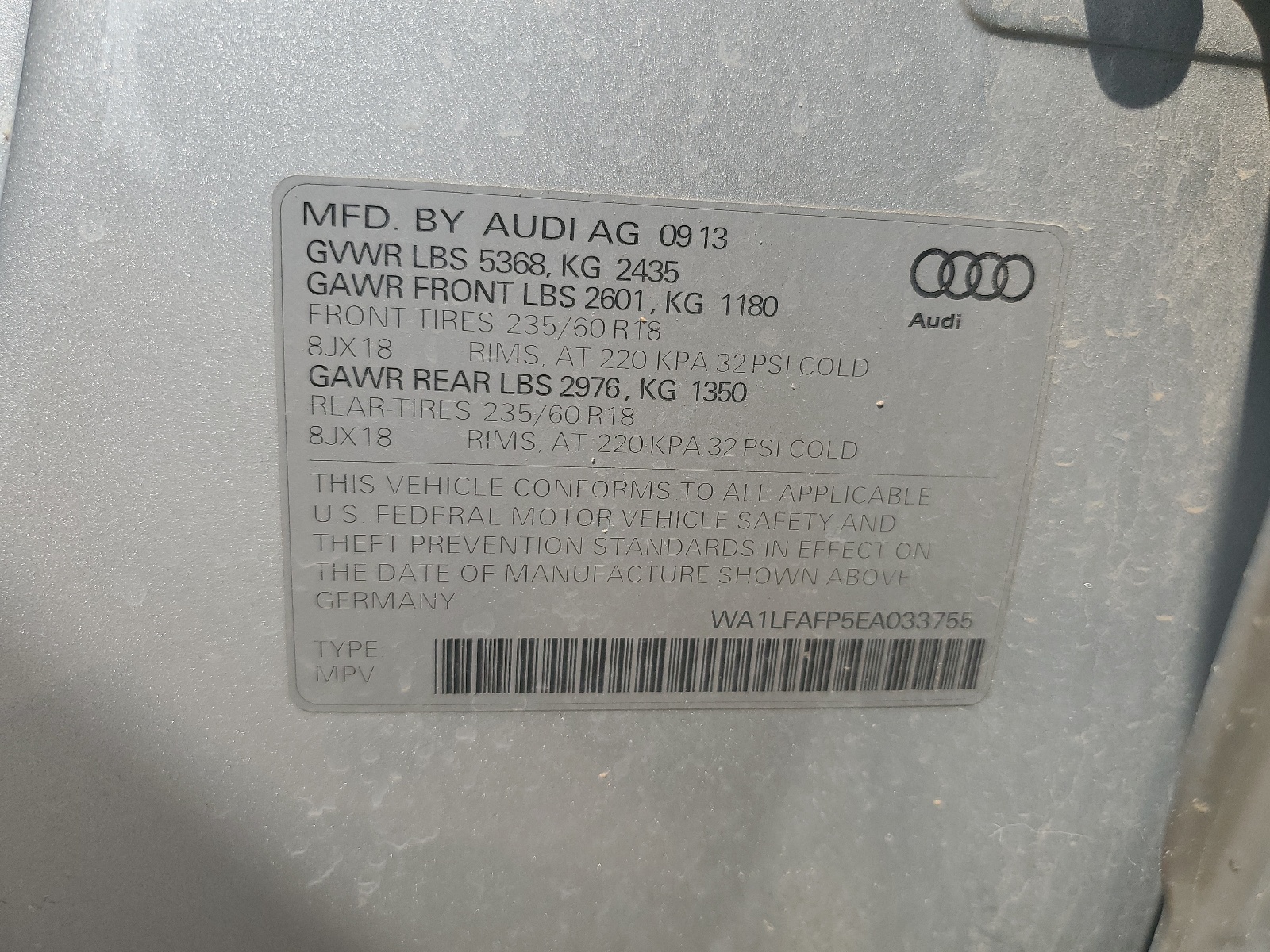 WA1LFAFP5EA033755 2014 Audi Q5 Premium Plus