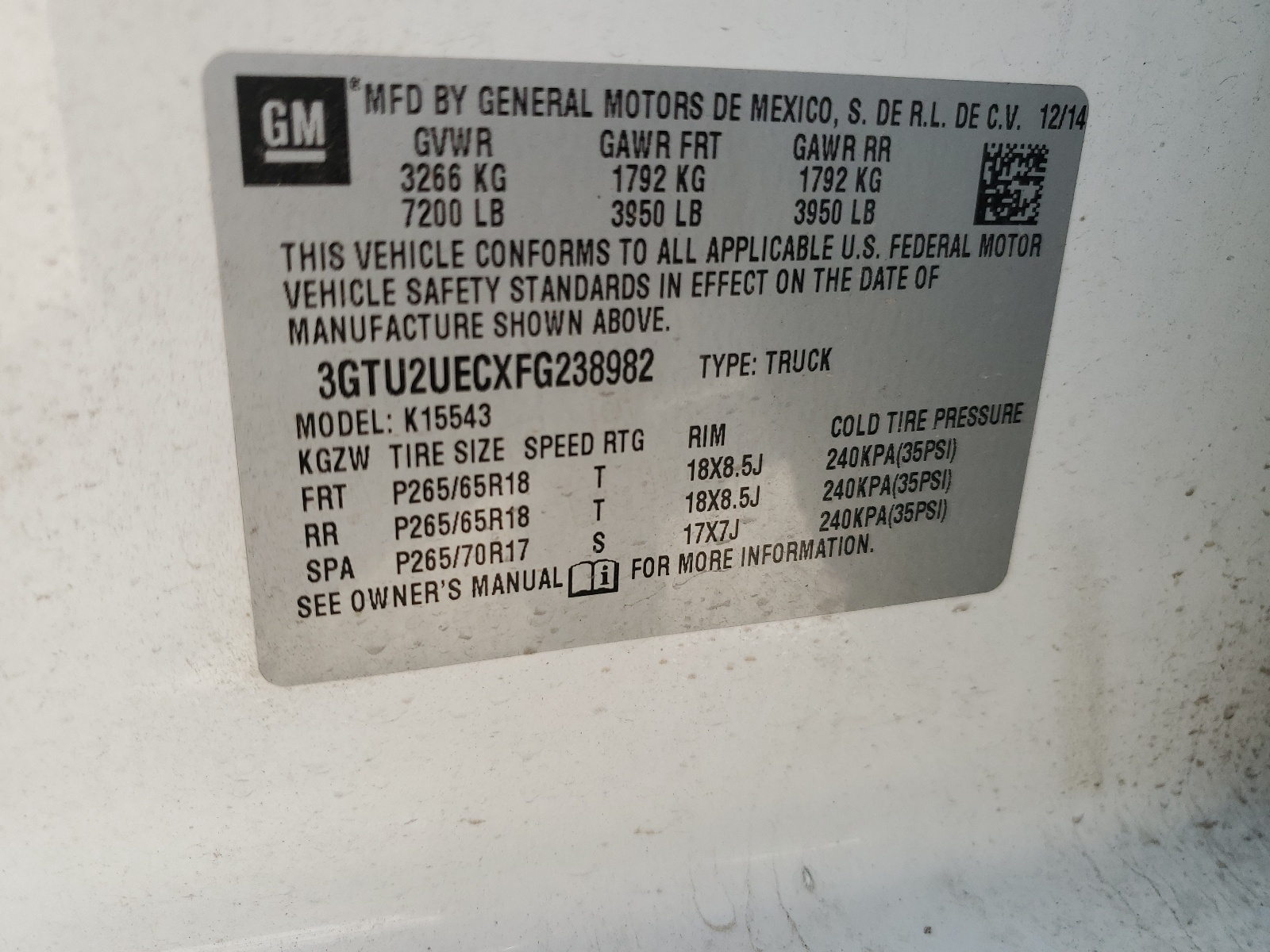 3GTU2UECXFG238982 2015 GMC Sierra K1500 Sle