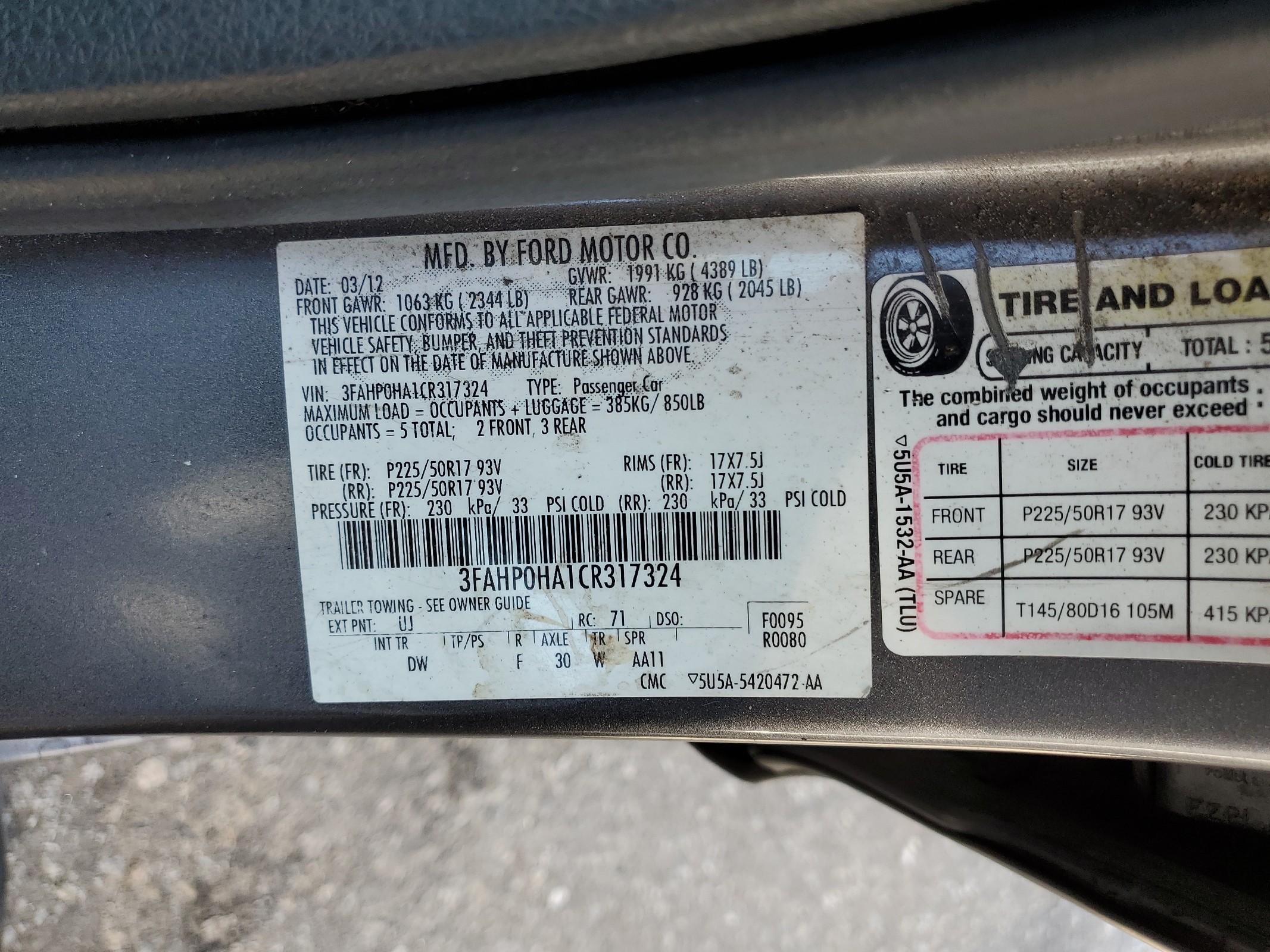 3FAHP0HA1CR317324 2012 Ford Fusion Se