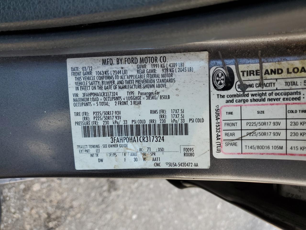 2012 Ford Fusion Se VIN: 3FAHP0HA1CR317324 Lot: 63898624