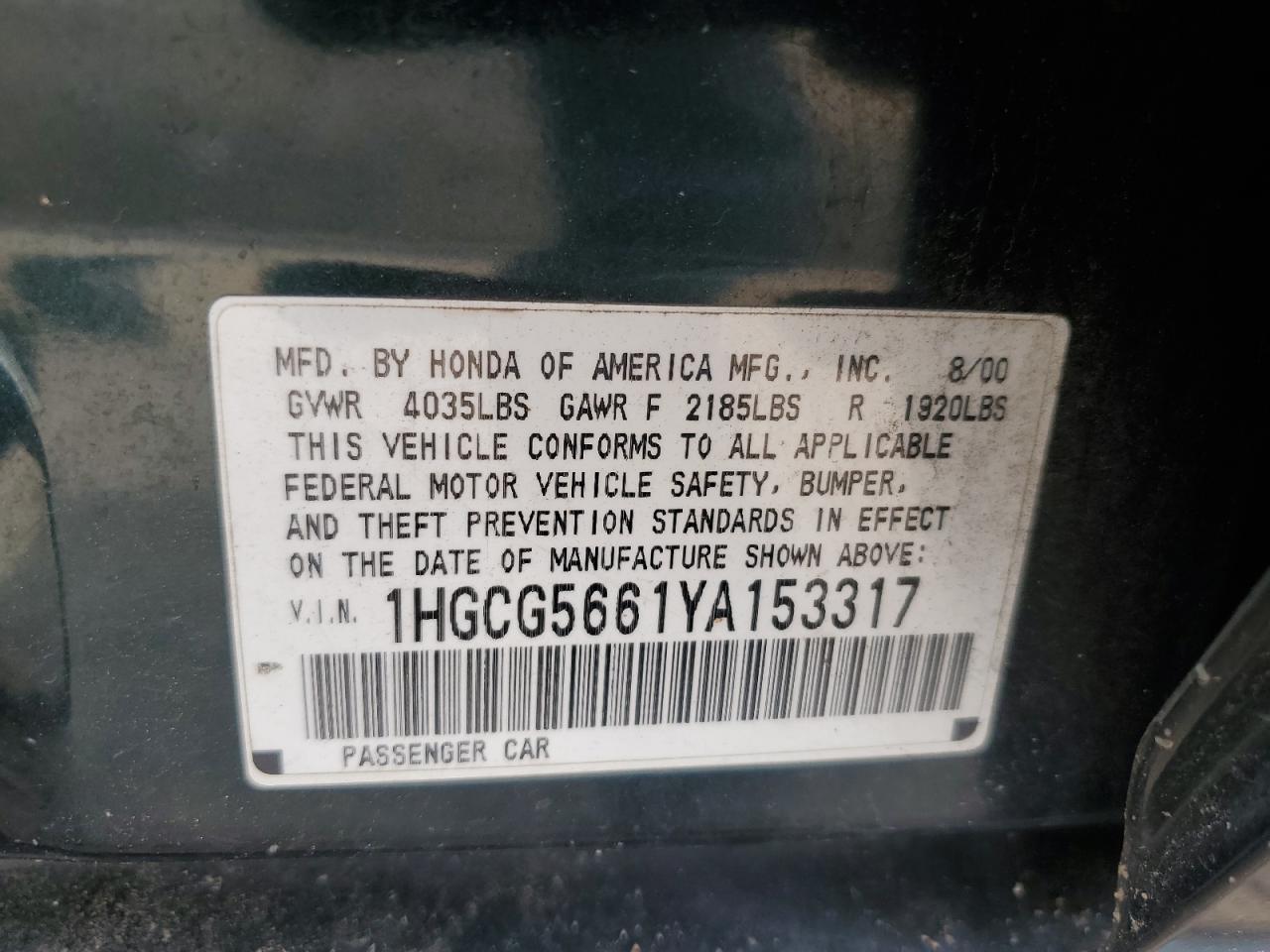 2000 Honda Accord Ex VIN: 1HGCG5661YA153317 Lot: 63691384