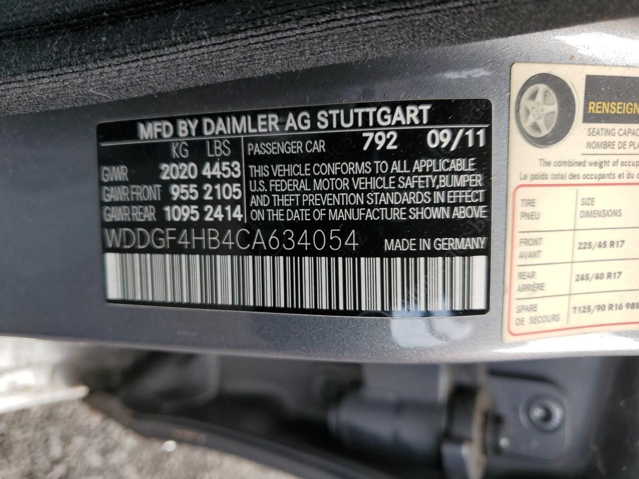 2012 Mercedes-Benz C 250 VIN: WDDGF4HB4CA634054 Lot: 64678074