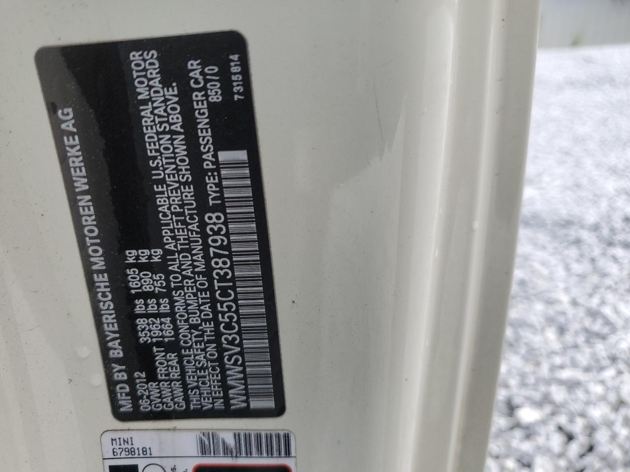 2012 Mini Cooper S VIN: WMWSV3C55CT387938 Lot: 65279014