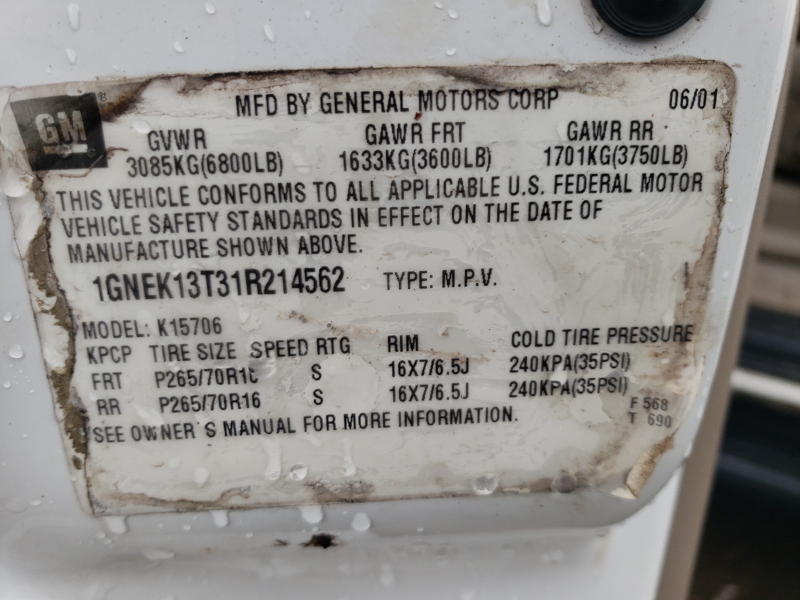 1GNEK13T31R214562 2001 Chevrolet Tahoe K1500