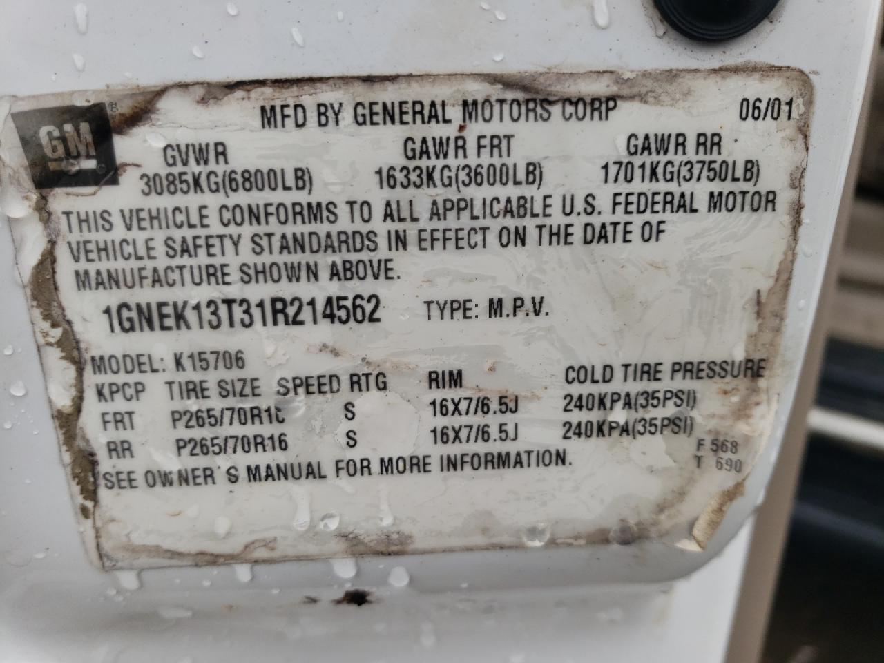 2001 Chevrolet Tahoe K1500 VIN: 1GNEK13T31R214562 Lot: 63789554