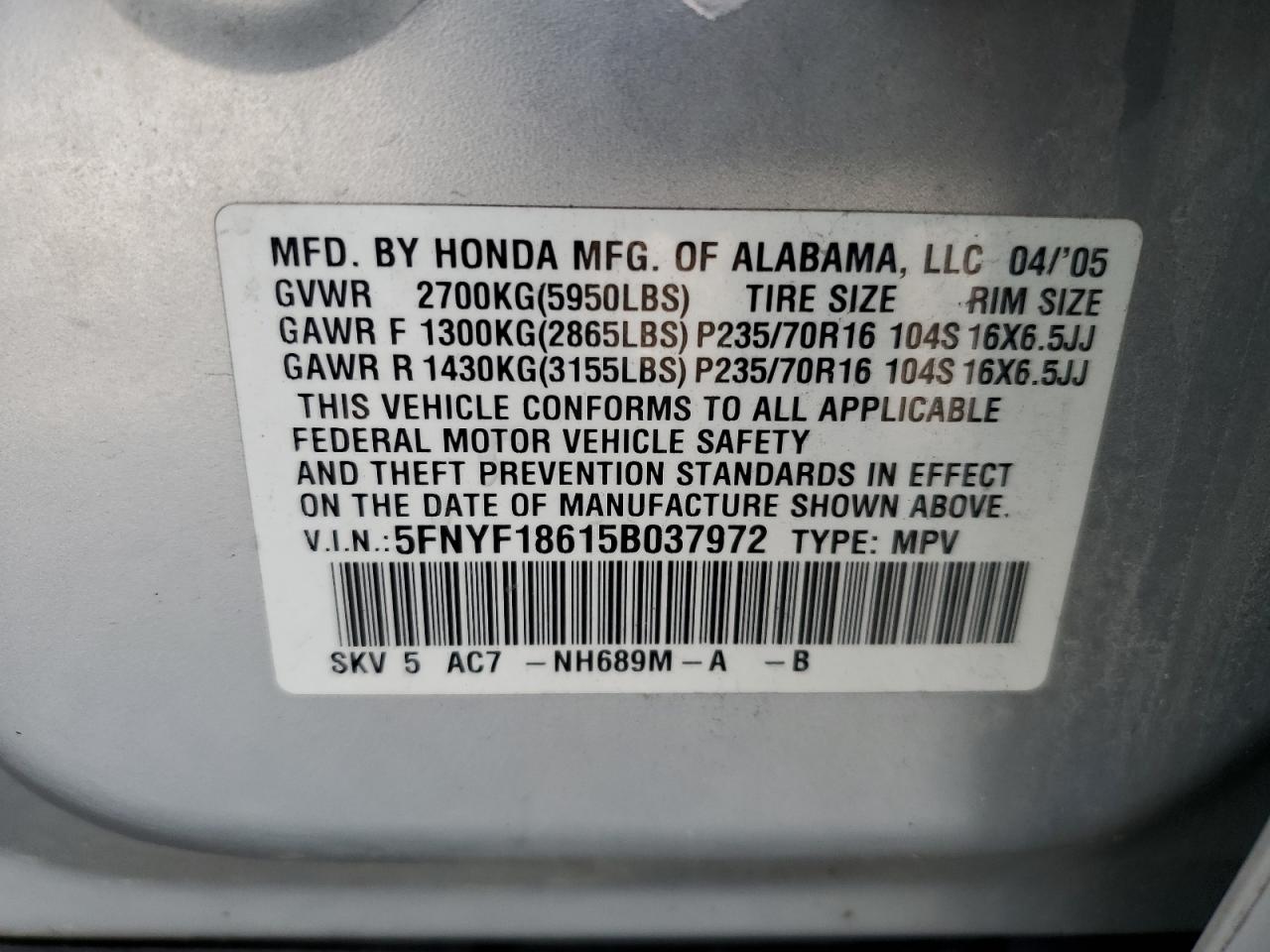 2005 Honda Pilot Exl VIN: 5FNYF18615B037972 Lot: 64214814