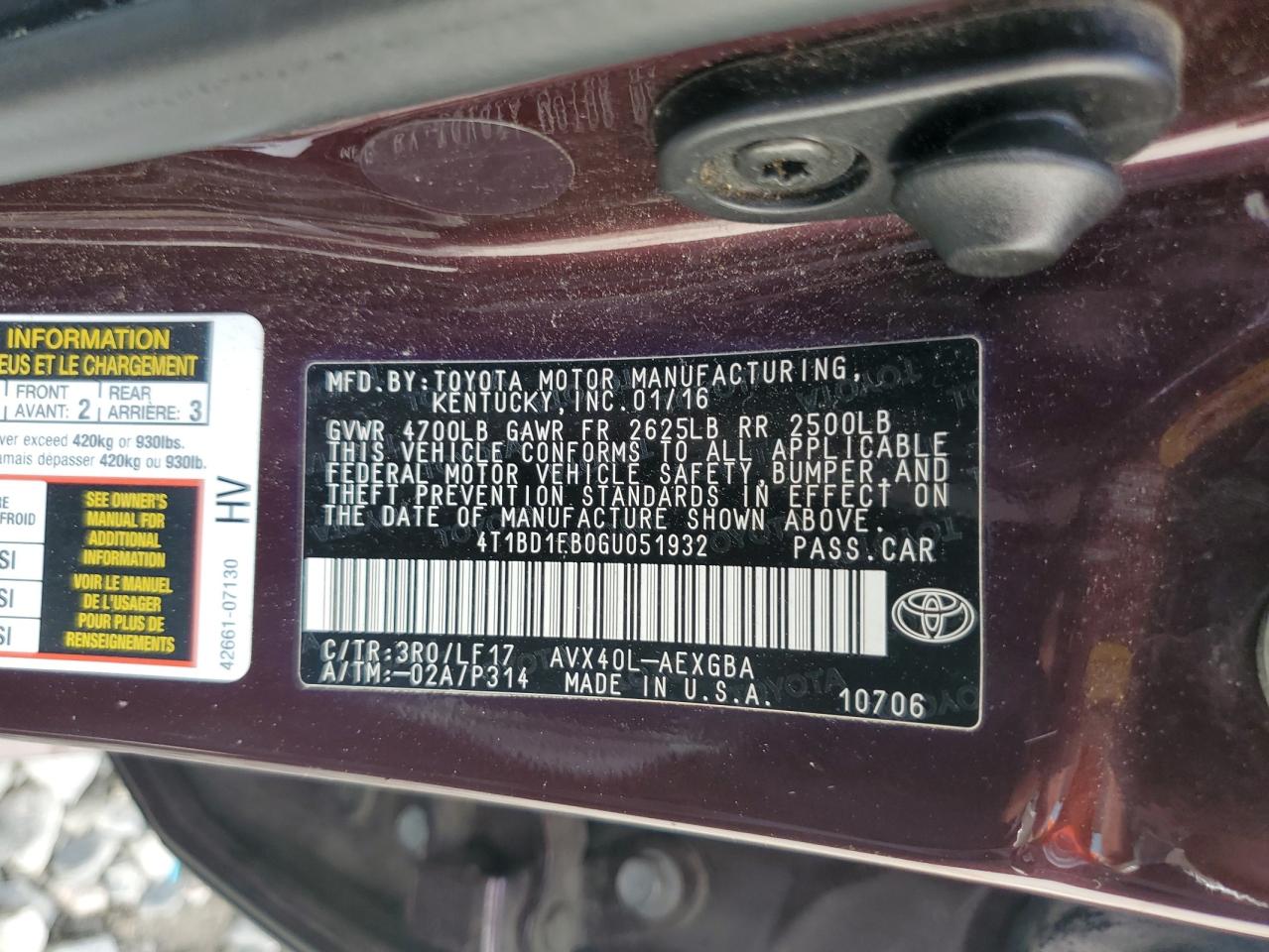 2016 Toyota Avalon Hybrid VIN: 4T1BD1EB0GU051932 Lot: 61267004