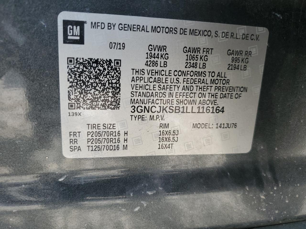 2020 Chevrolet Trax Ls VIN: 3GNCJKSB1LL116164 Lot: 61850244