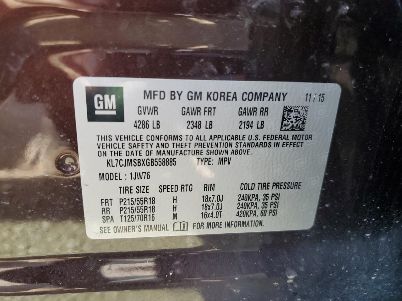 2016 Chevrolet Trax Ltz VIN: KL7CJMSBXGB558885 Lot: 65079984