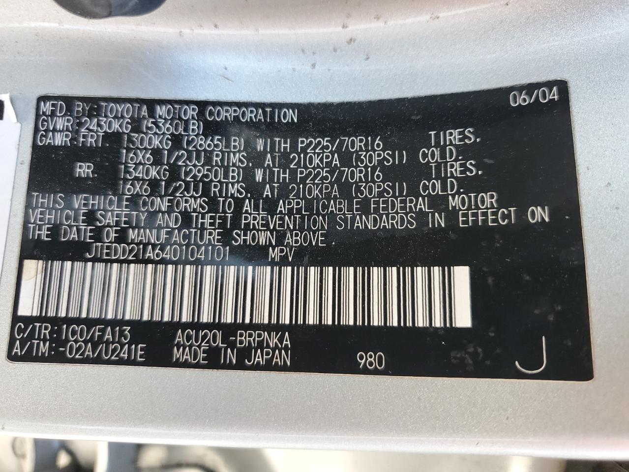 2004 Toyota Highlander VIN: JTEDD21A640104101 Lot: 62428004