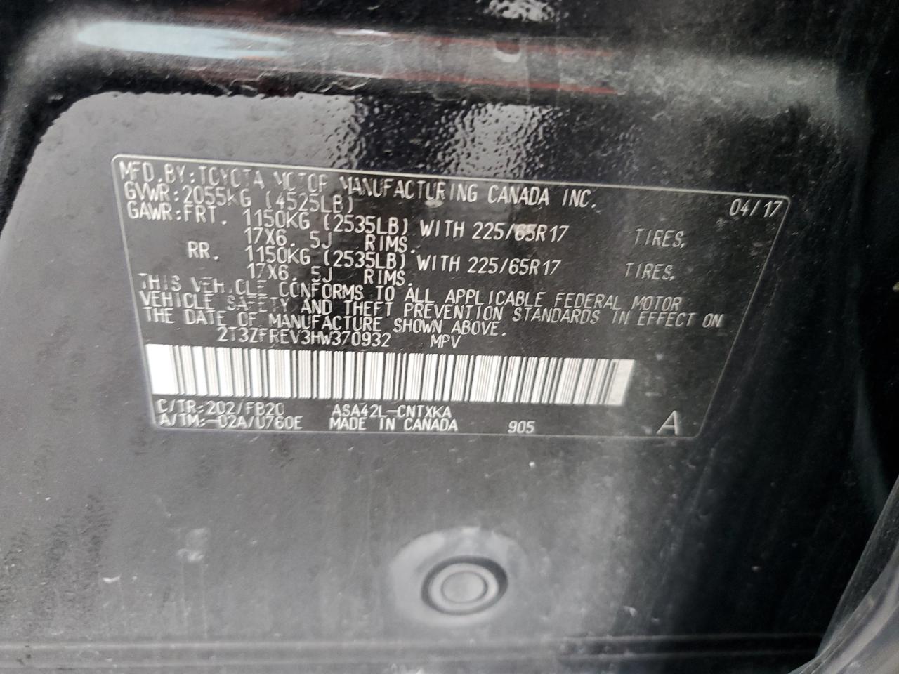 2017 Toyota Rav4 Le VIN: 2T3ZFREV3HW370932 Lot: 64319114