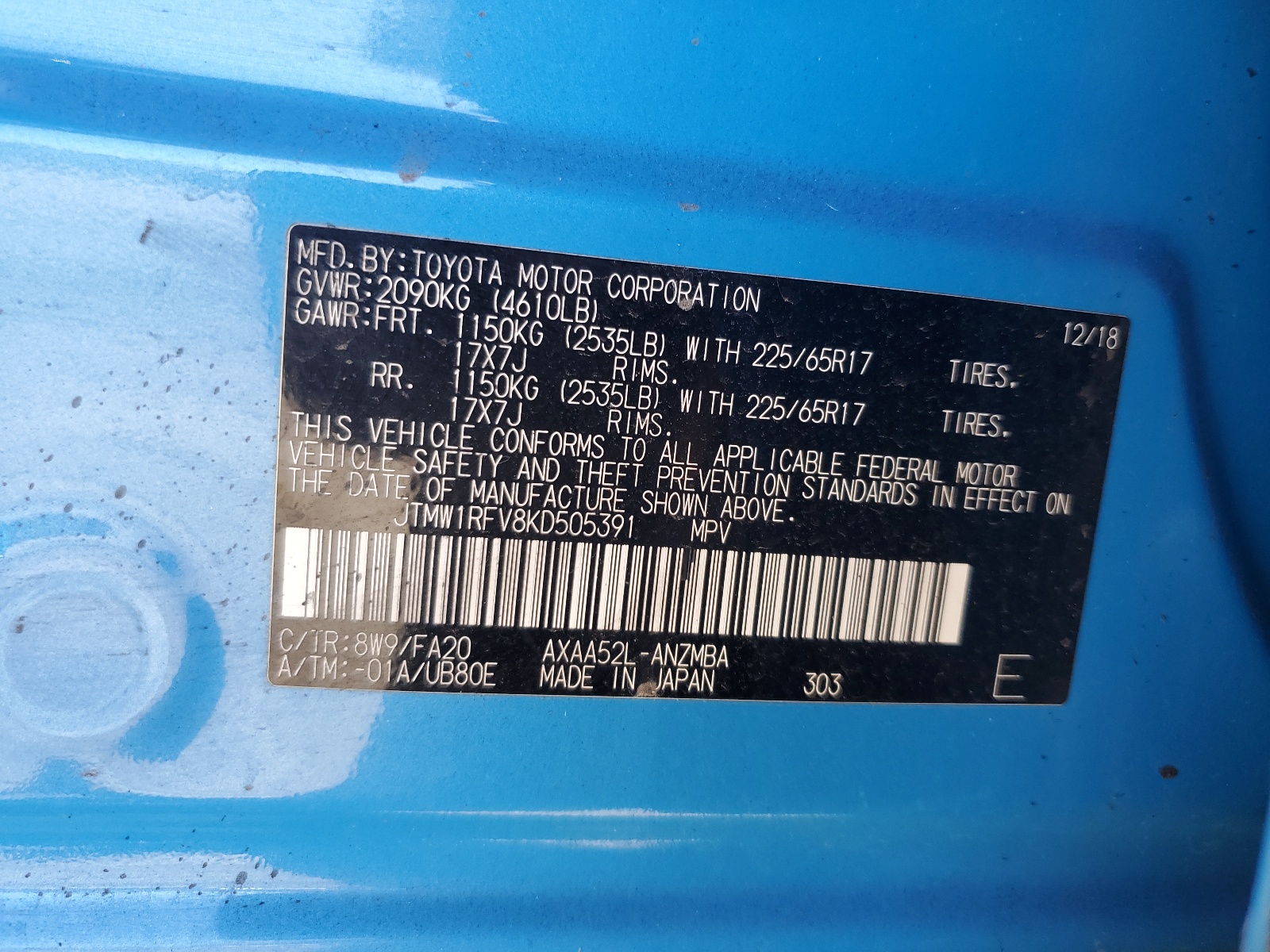 JTMW1RFV8KD505391 2019 Toyota Rav4 Xle