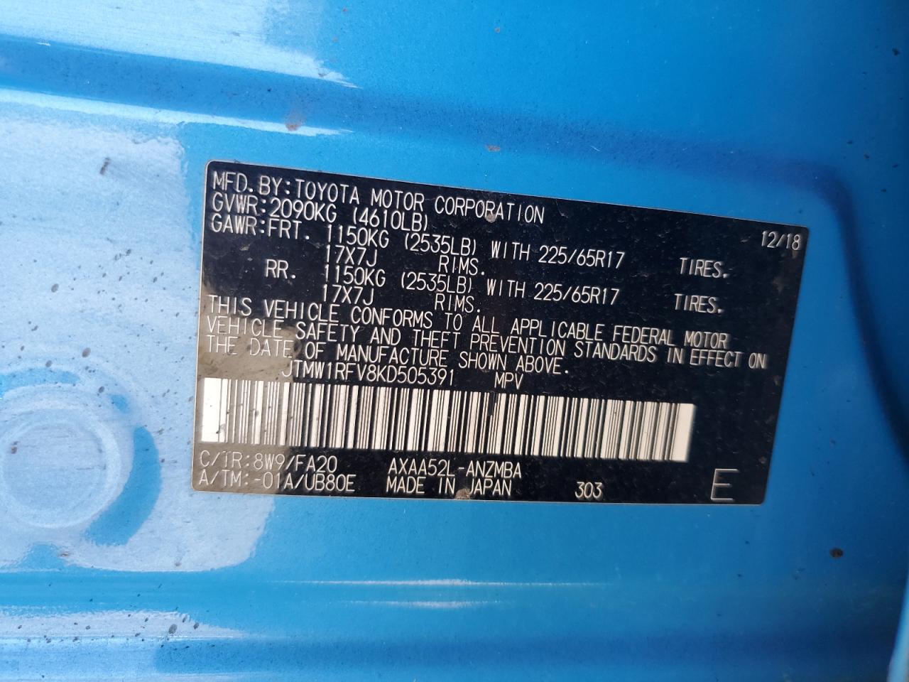 2019 Toyota Rav4 Xle VIN: JTMW1RFV8KD505391 Lot: 61663294