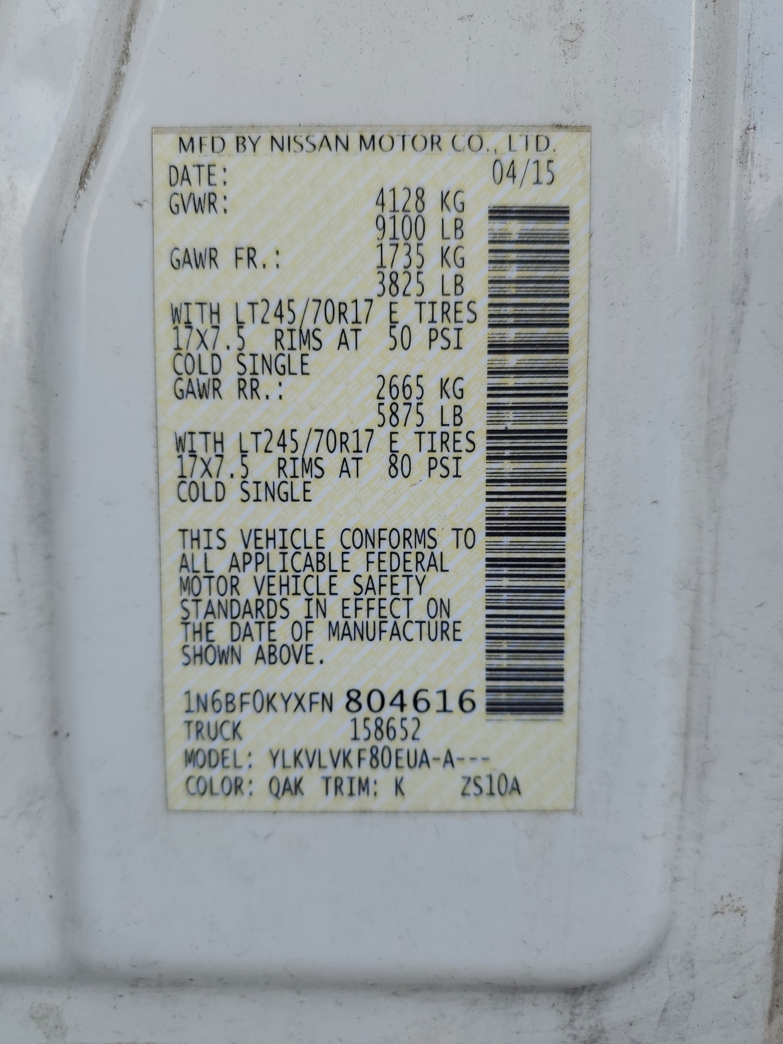 1N6BF0KYXFN804616 2015 Nissan Nv 1500