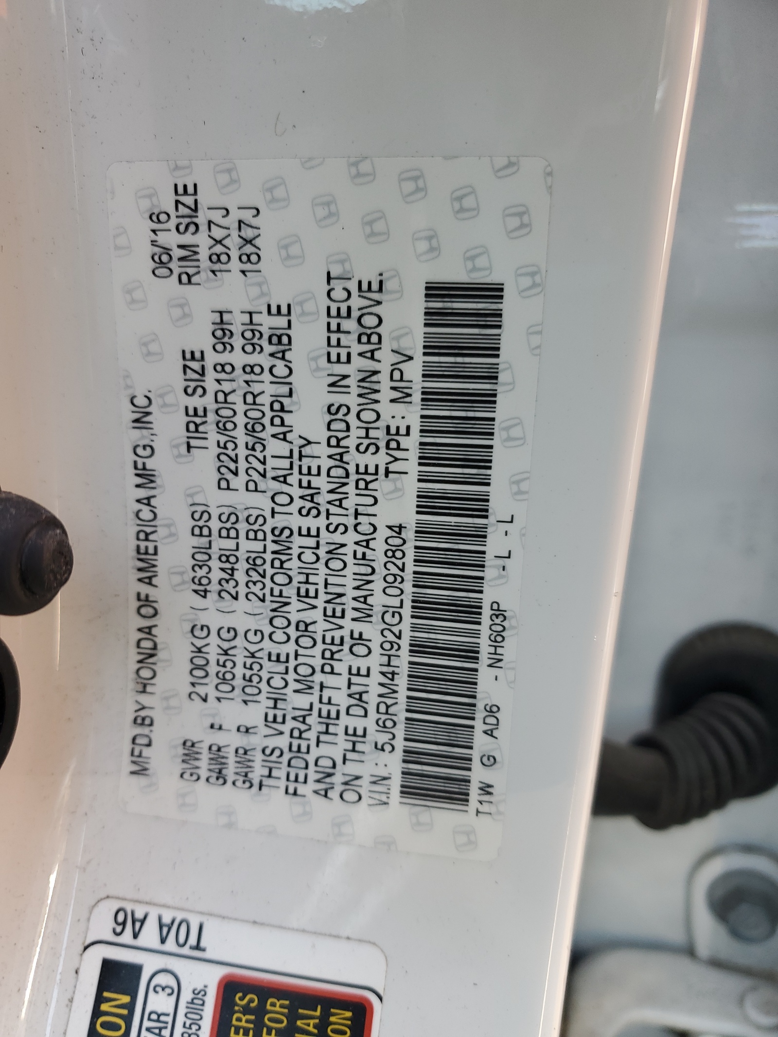 5J6RM4H92GL092804 2016 Honda Cr-V Touring