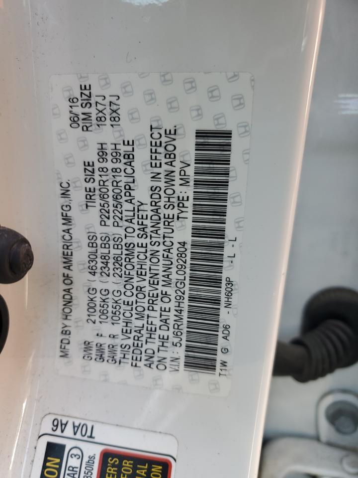 2016 Honda Cr-V Touring VIN: 5J6RM4H92GL092804 Lot: 64323784