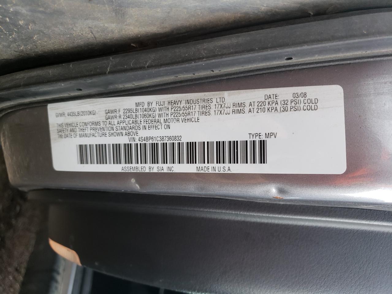 2008 Subaru Outback 2.5I VIN: 4S4BP61C387360832 Lot: 61170354