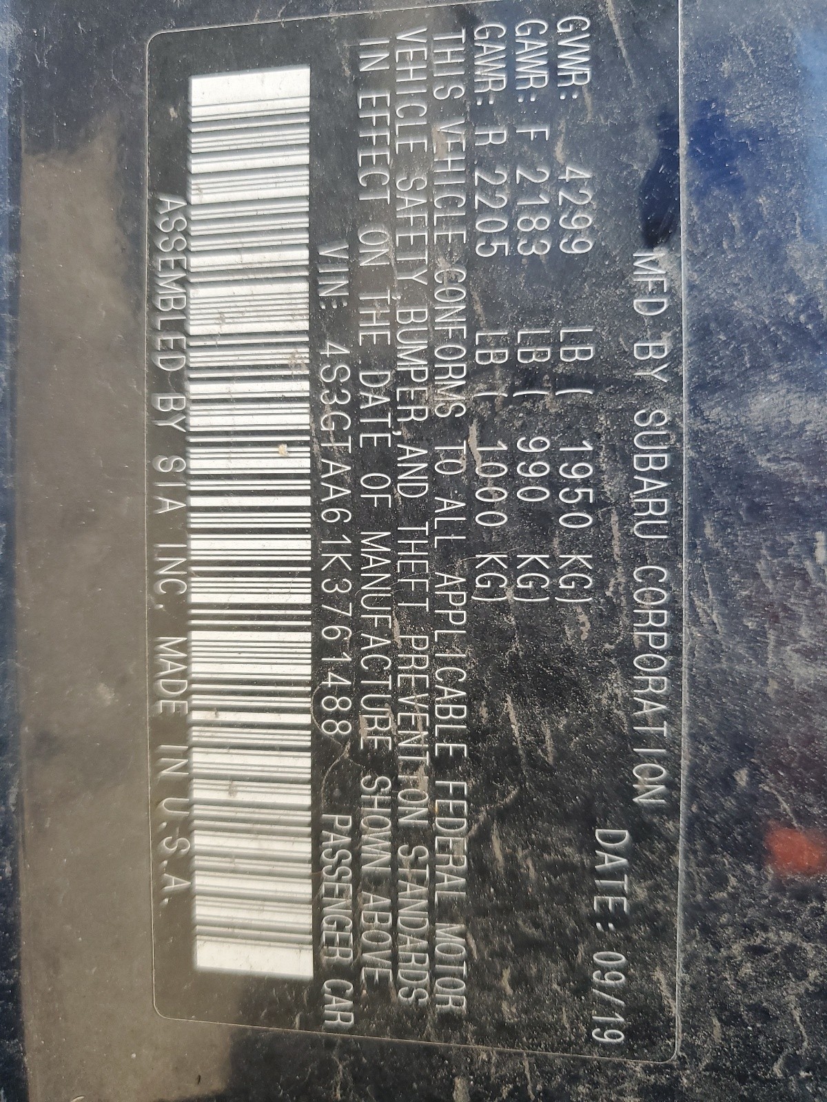 4S3GTAA61K3761488 2019 Subaru Impreza