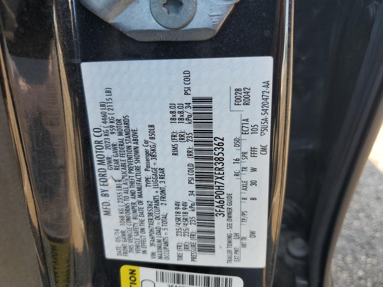 2014 Ford Fusion Se VIN: 3FA6P0H7XER385362 Lot: 63661074