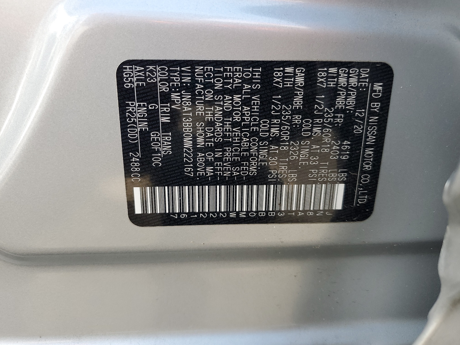 JN8AT3BB0MW222167 2021 Nissan Rogue Sv