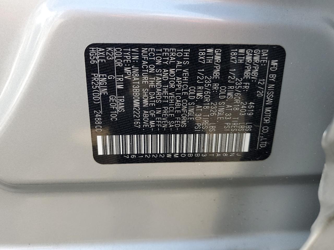 2021 Nissan Rogue Sv VIN: JN8AT3BB0MW222167 Lot: 62065274