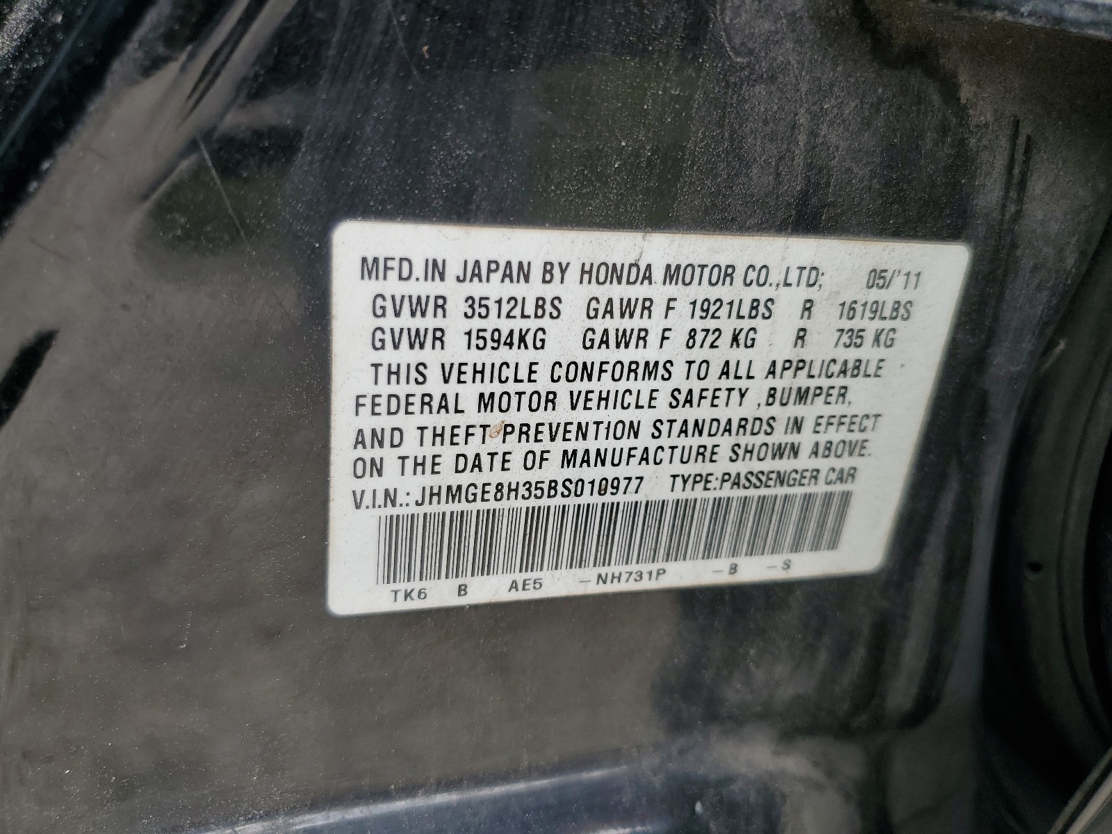 JHMGE8H35BS010977 2011 Honda Fit