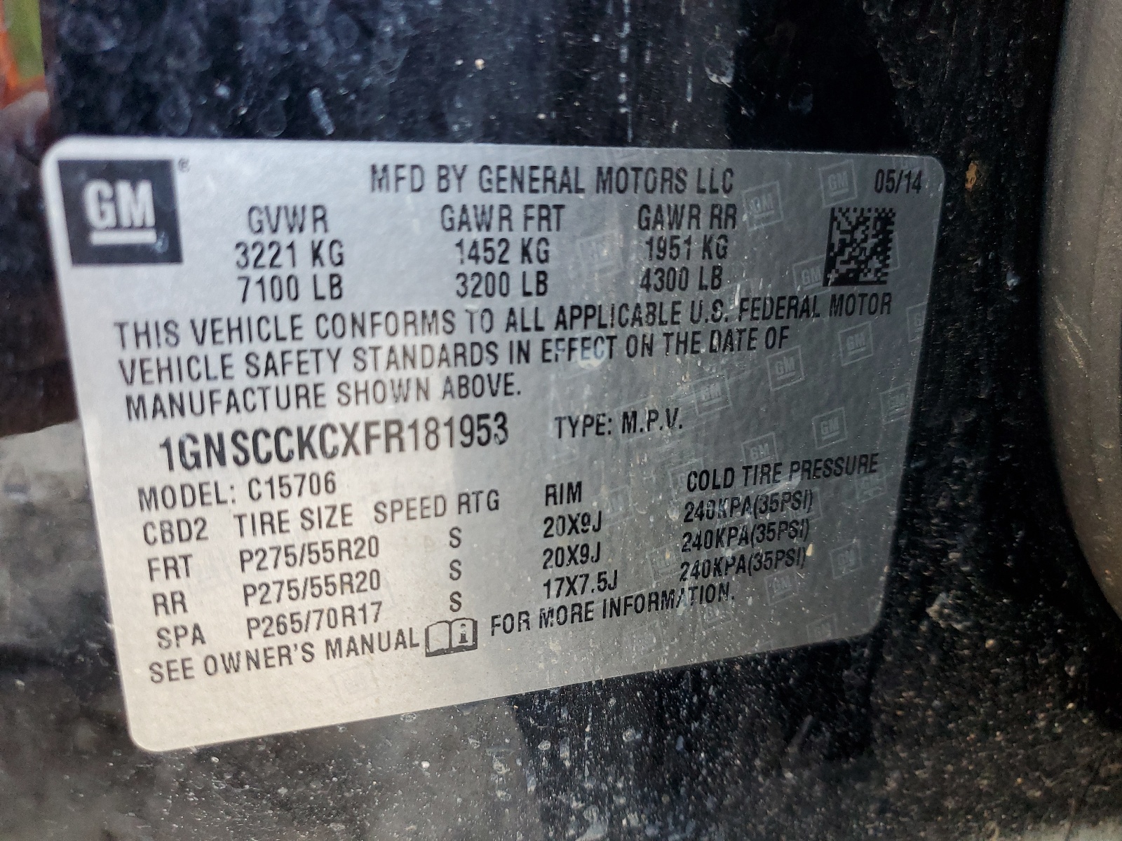 1GNSCCKCXFR181953 2015 Chevrolet Tahoe C1500 Ltz