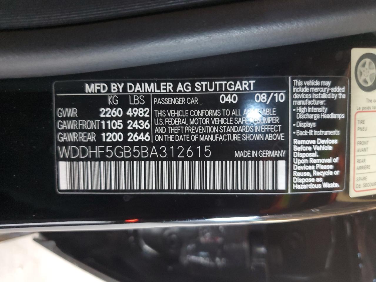 2011 Mercedes-Benz E 350 VIN: WDDHF5GB5BA312615 Lot: 62129874