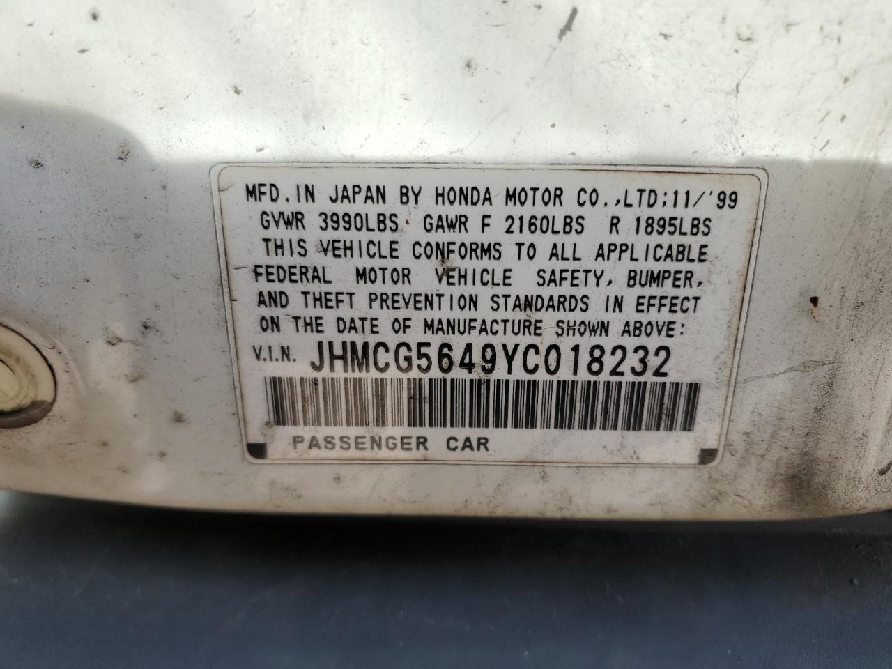 2000 Honda Accord Lx VIN: JHMCG5649YC018232 Lot: 64943814