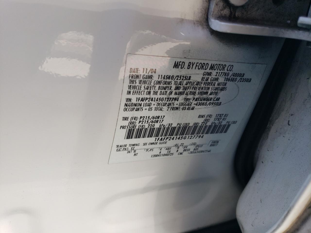 2005 Ford Five Hundred Sel VIN: 1FAFP24145G127794 Lot: 64645294