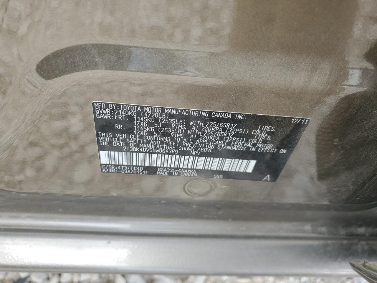 2011 Toyota Rav4 VIN: 2T3BK4DV5BW064369 Lot: 61459344