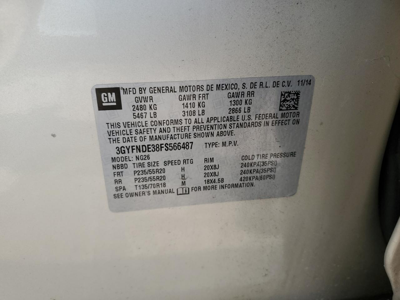 2015 Cadillac Srx Premium Collection VIN: 3GYFNDE38FS566487 Lot: 63871204