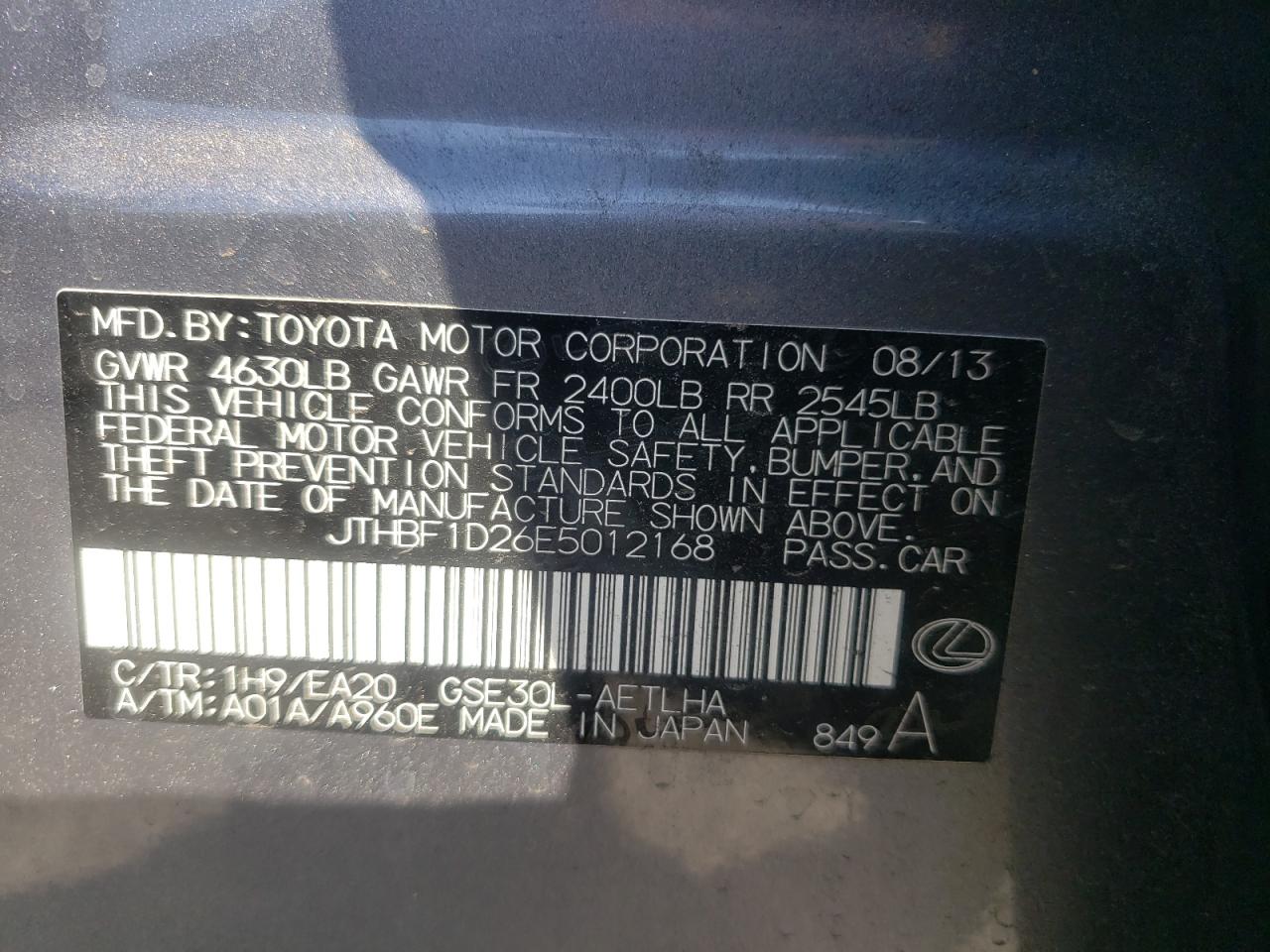 2014 Lexus Is 250 VIN: JTHBF1D26E5012168 Lot: 64724674