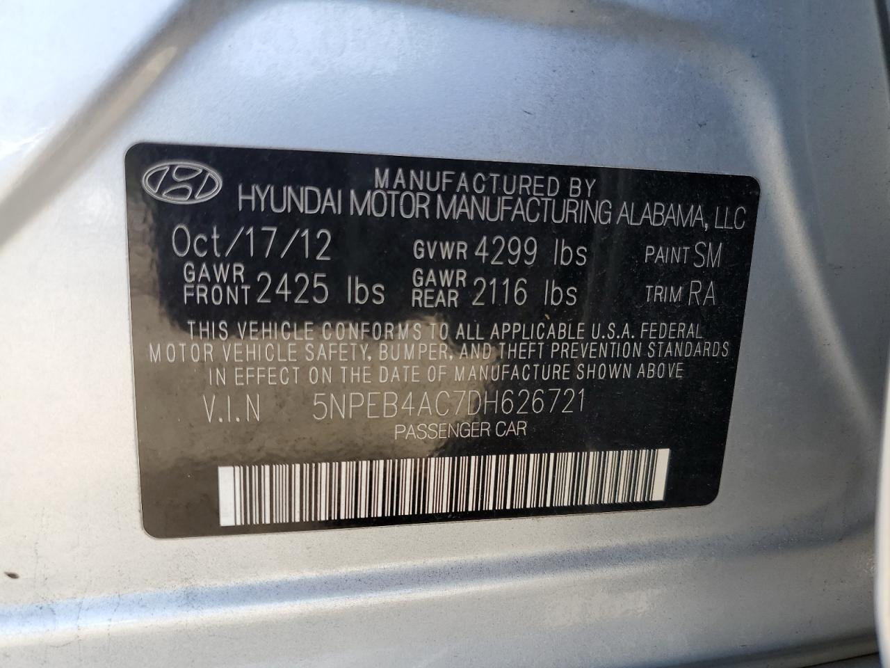 2013 Hyundai Sonata Gls VIN: 5NPEB4AC7DH626721 Lot: 64117274