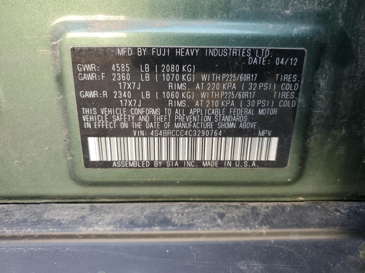 2012 Subaru Outback 2.5I Premium VIN: 4S4BRCCC4C3290764 Lot: 64683334