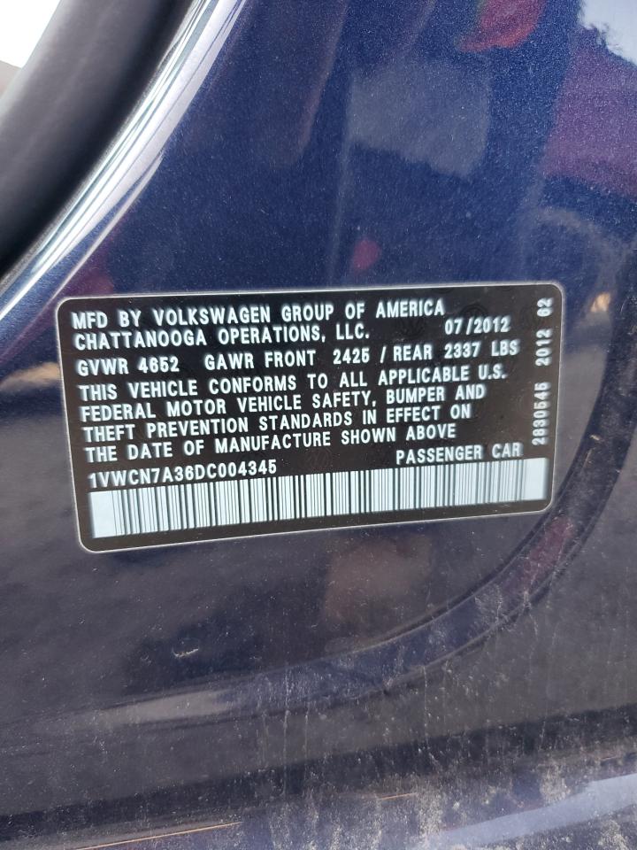 2013 Volkswagen Passat Sel VIN: 1VWCN7A36DC004345 Lot: 64500524