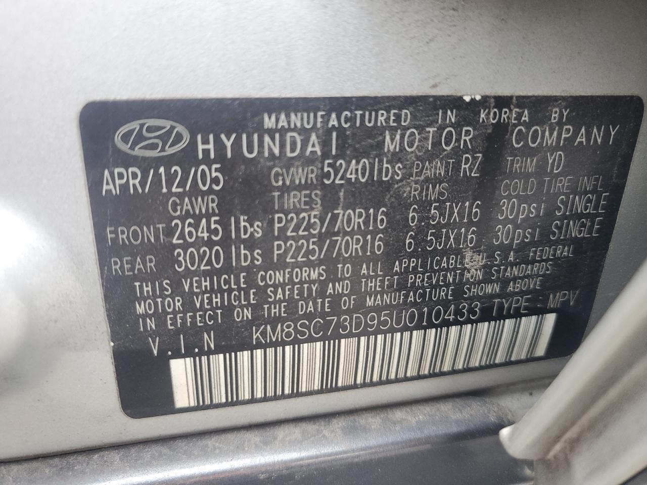 KM8SC73D95U010433 2005 Hyundai Santa Fe Gls