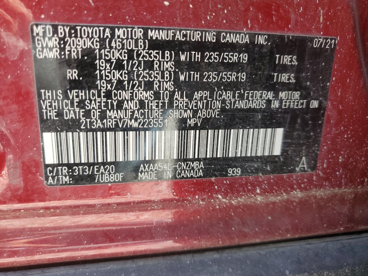 2021 Toyota Rav4 Xle Premium VIN: 2T3A1RFV7MW223551 Lot: 64265614