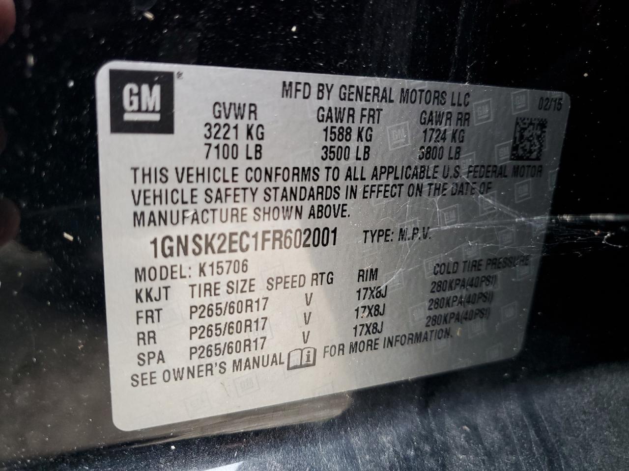 2015 Chevrolet Tahoe Police VIN: 1GNSK2EC1FR602001 Lot: 61799014