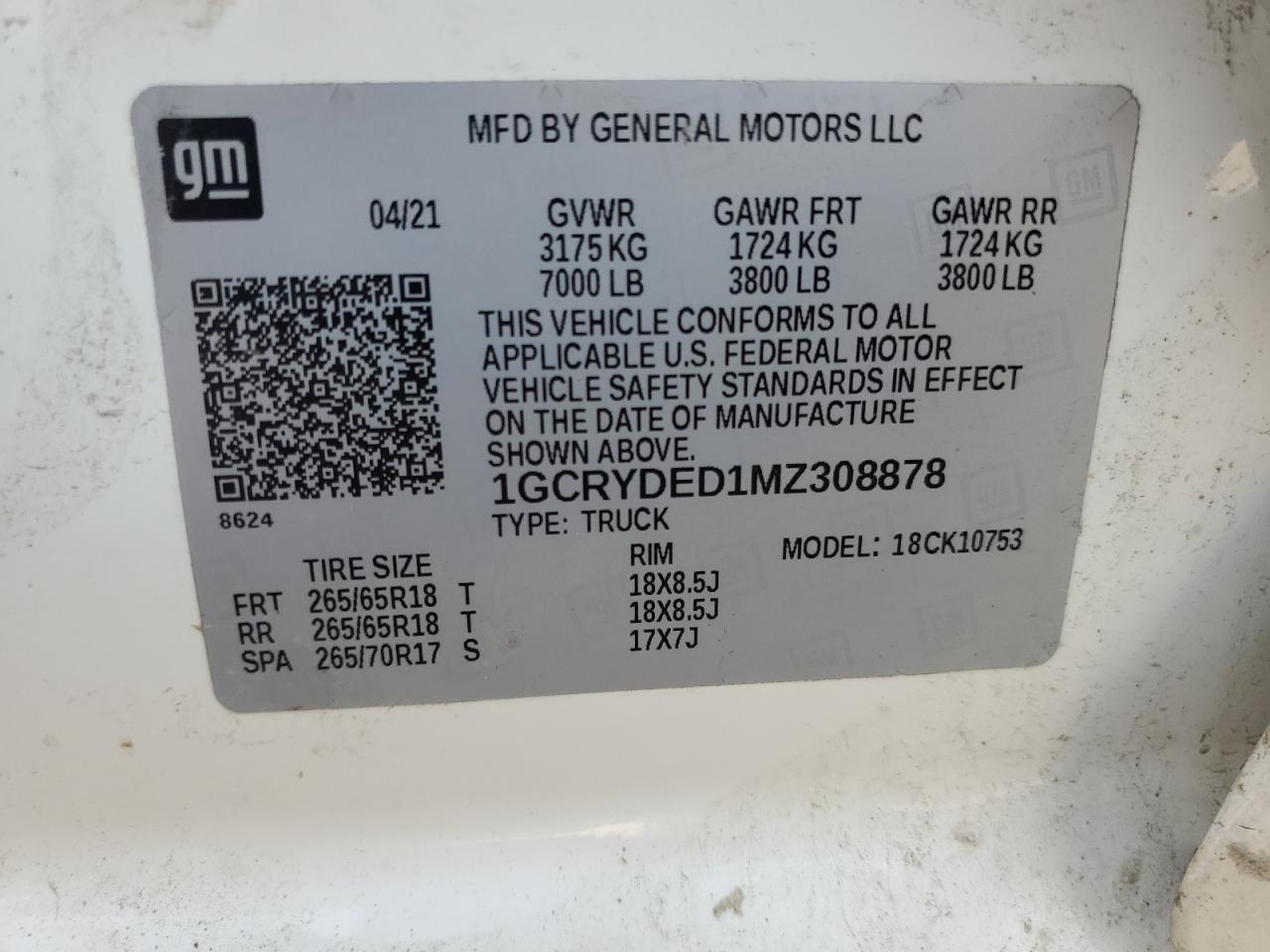 2021 Chevrolet Silverado K1500 Lt VIN: 1GCRYDED1MZ308878 Lot: 63780304