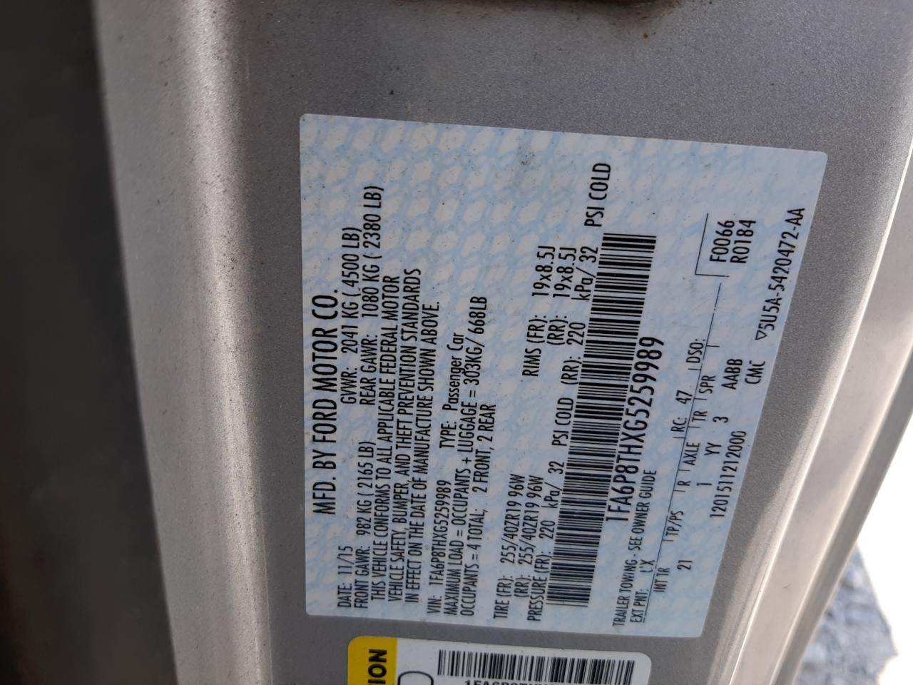 2016 Ford Mustang VIN: 1FA6P8THXG5259989 Lot: 65002244