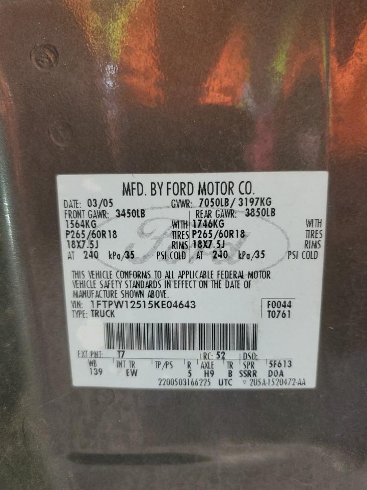 2005 Ford F150 Supercrew VIN: 1FTPW12515KE04643 Lot: 64291314
